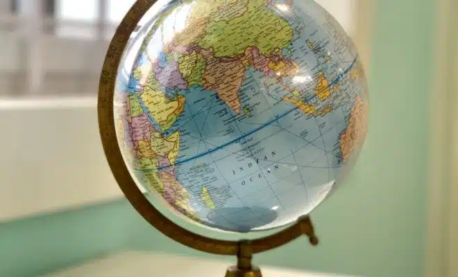 desk globe on white table