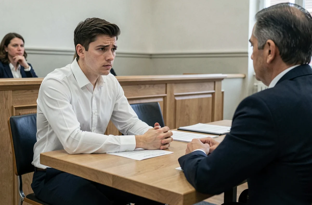 Jeune homme accusé assis aux côtés de son avocat devant un tribunal lors d'une audience pour vol avec demande de sursis