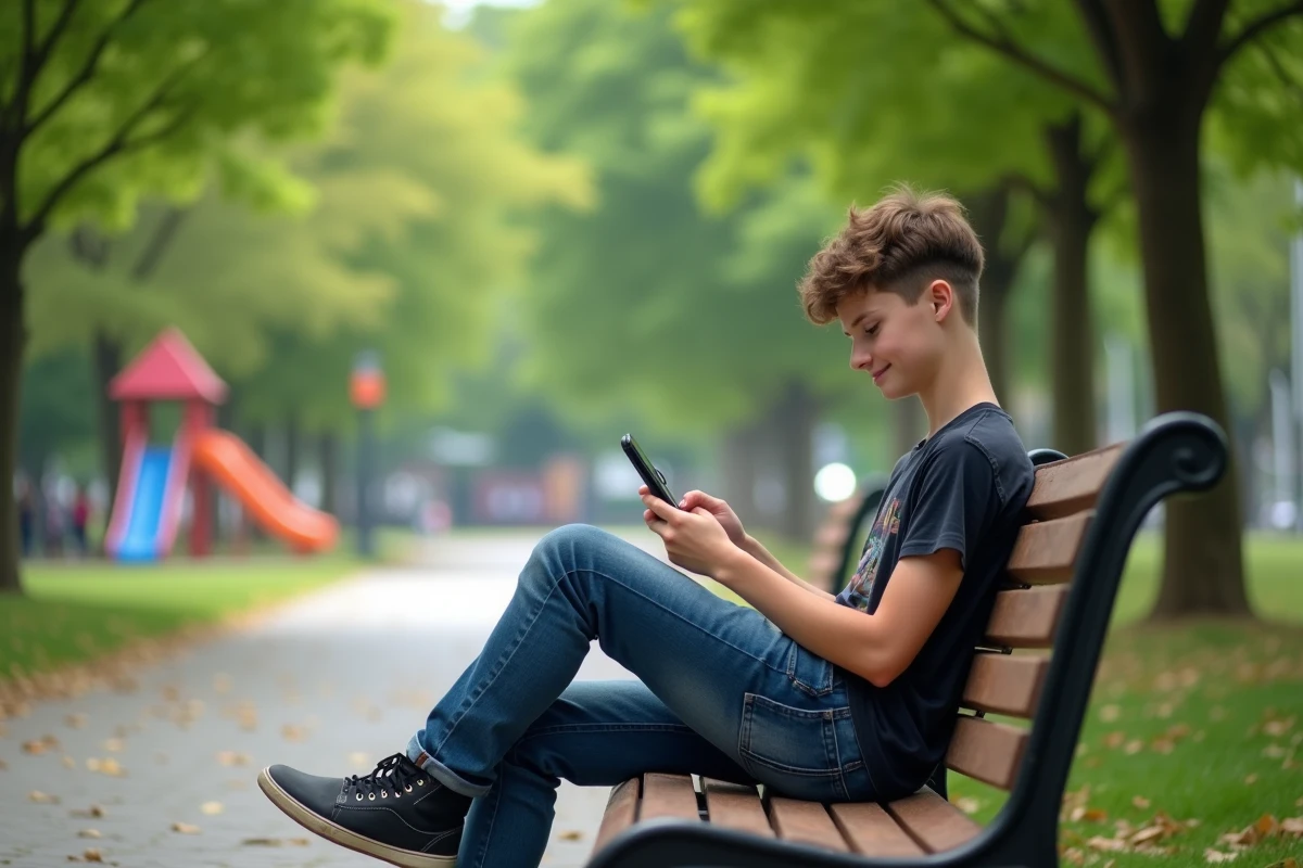 Adolescent lisant des scans de manga sur son smartphone dans un parc