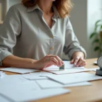 Femme appliquant un timbre sur une enveloppe blanche avec une balance postale sur un bureau en bois pour choisir le bon tarif d'affranchissement