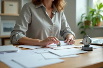 Femme appliquant un timbre sur une enveloppe blanche avec une balance postale sur un bureau en bois pour choisir le bon tarif d'affranchissement