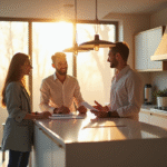 Agent immobilier et couple dans une cuisine lumineuse