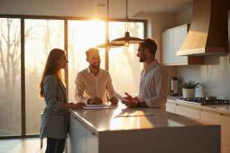 Agent immobilier et couple dans une cuisine lumineuse