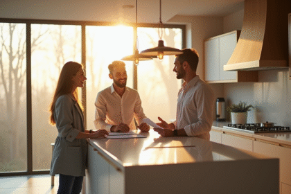 Agent immobilier et couple dans une cuisine lumineuse