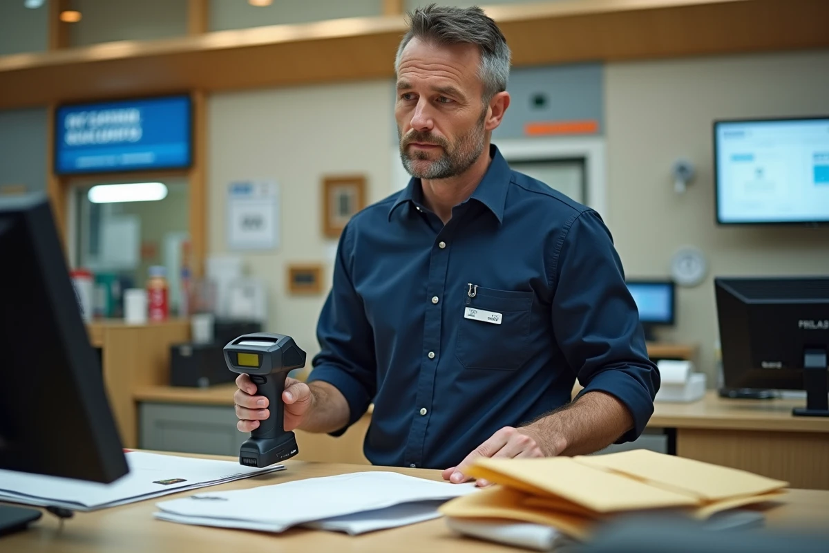 Agent postal en uniforme scannant des lettres au guichet d'un bureau de poste avec écran d'affichage des tarifs d'affranchissement