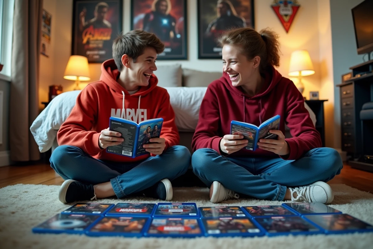Deux amis comparant les boîtiers Blu-ray des films Spider-Man Tom Holland pour décider de l'ordre de visionnage idéal
