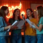 Groupe d'amis chantant ensemble un karaoké dans un bar convivial avec des paroles imprimées