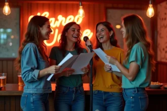 Groupe d'amis chantant ensemble un karaoké dans un bar convivial avec des paroles imprimées
