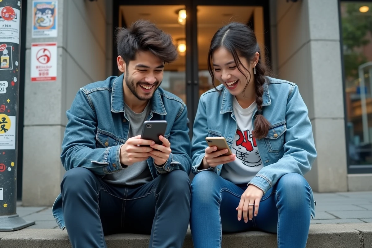 Deux amis passionnés de manga discutant d'un nouveau scan One Piece sur leurs smartphones en extérieur urbain