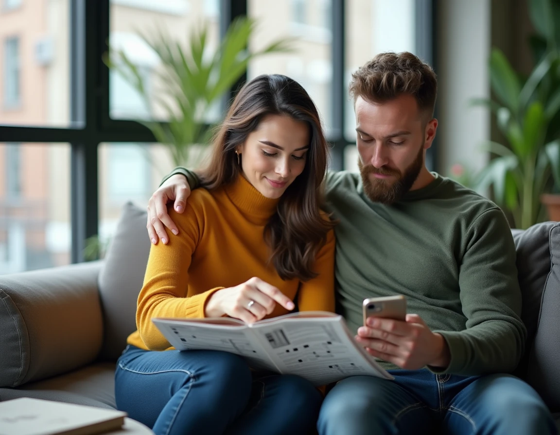 Deux amis résolvant ensemble des mots fléchés en consultant un smartphone posé sur un magazine