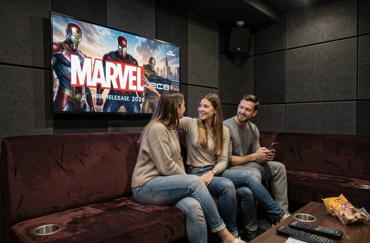 Deux amis dans une salle de cinéma maison décidant de l'ordre de visionnage des films Marvel en 2026