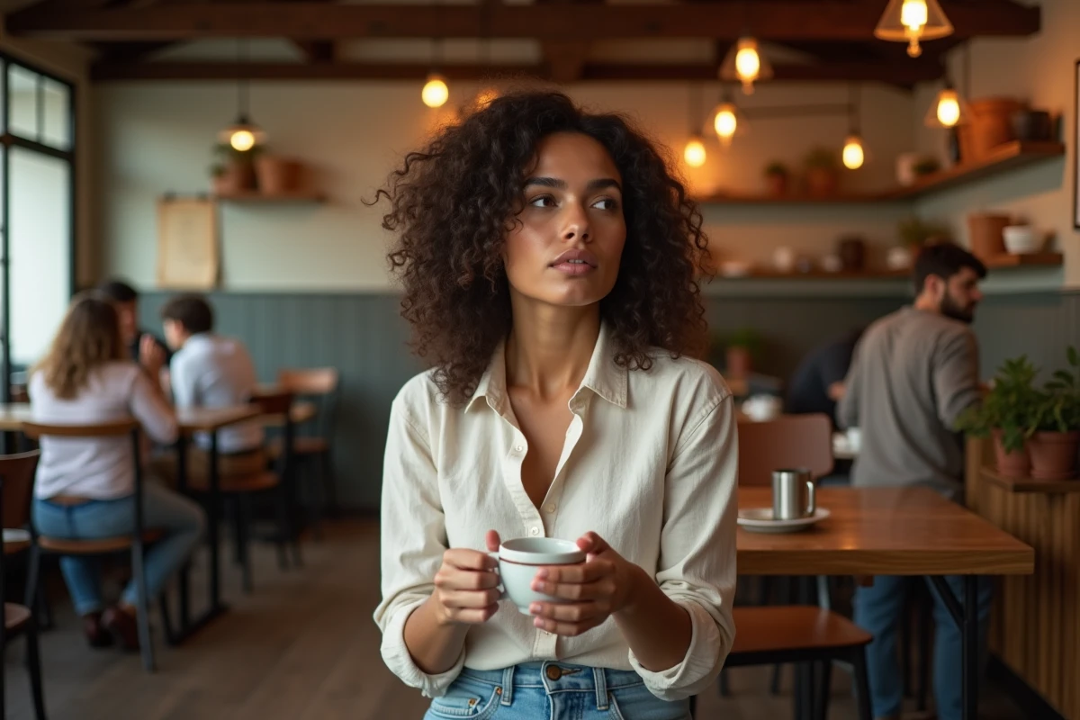 Femme amoureuse transie rêveuse assise dans un café tenant une tasse de café avec une expression nostalgique et langoureuse