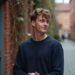 Jeune homme amoureux transi regardant timidement quelqu'un avec un sourire doux et des joues rosées dans une ruelle urbaine en automne