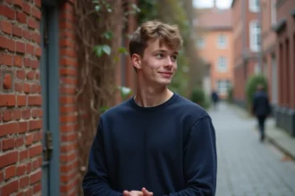 Jeune homme amoureux transi regardant timidement quelqu'un avec un sourire doux et des joues rosées dans une ruelle urbaine en automne