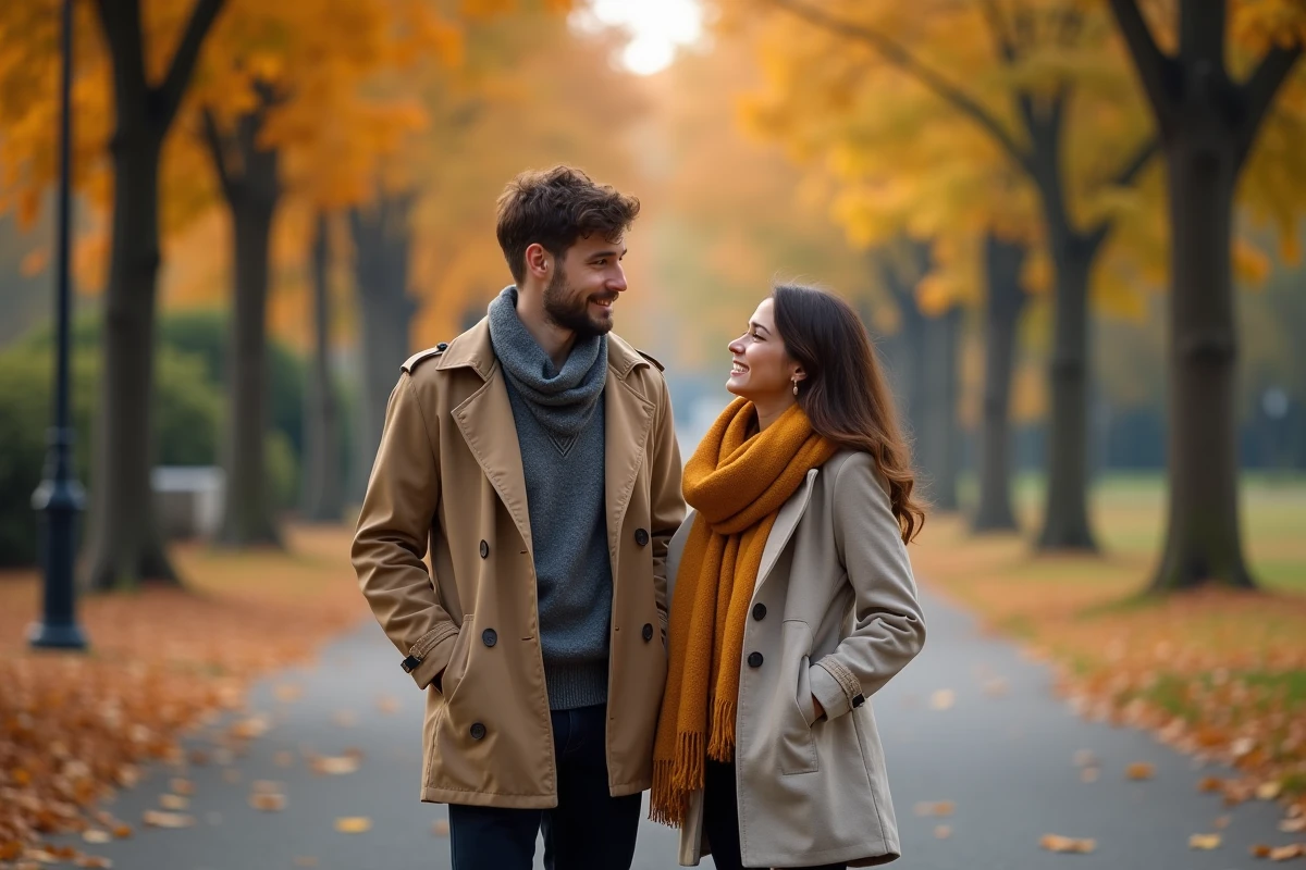 Couple dans un parc en automne avec un homme amoureux transi regardant une femme qui ne remarque pas son regard plein de tendresse et de désir