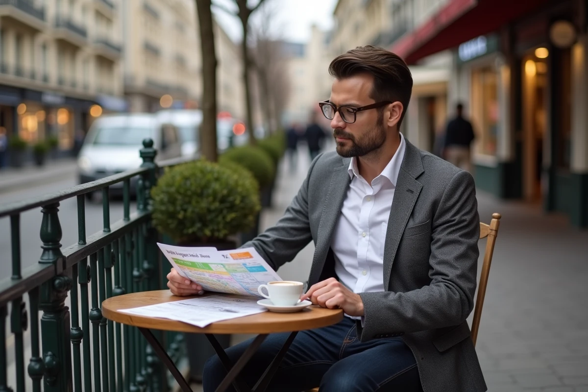 Homme analysant des documents tarifaires de transport en commun à une terrasse de café parisien, représentant les économies possibles entre les zones 1 et 3 à Paris en 2026