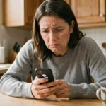 Femme méfiante regardant un appel entrant d'un numéro inconnu sur son smartphone dans une cuisine
