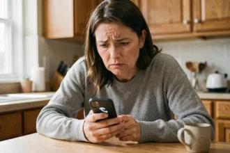 Femme méfiante regardant un appel entrant d'un numéro inconnu sur son smartphone dans une cuisine