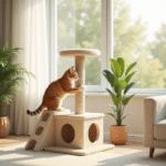 Chat fluffy grimpe sur un arbre à chat beige dans un salon lumineux