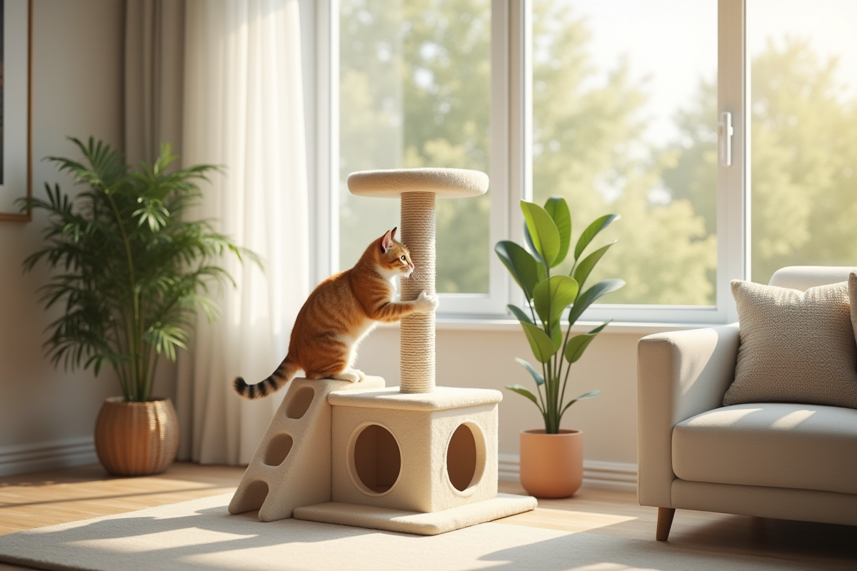 Chat fluffy grimpe sur un arbre à chat beige dans un salon lumineux