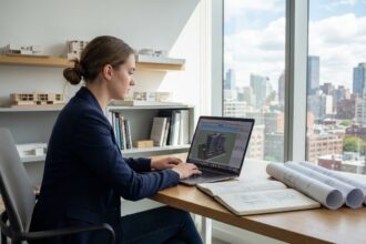 Jeune architecte femme travaillant sur un ordinateur dans un bureau moderne