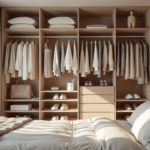 Armoire ouverte dans une chambre moderne avec vêtements neutres et pastel
