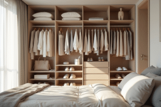 Armoire ouverte dans une chambre moderne avec vêtements neutres et pastel