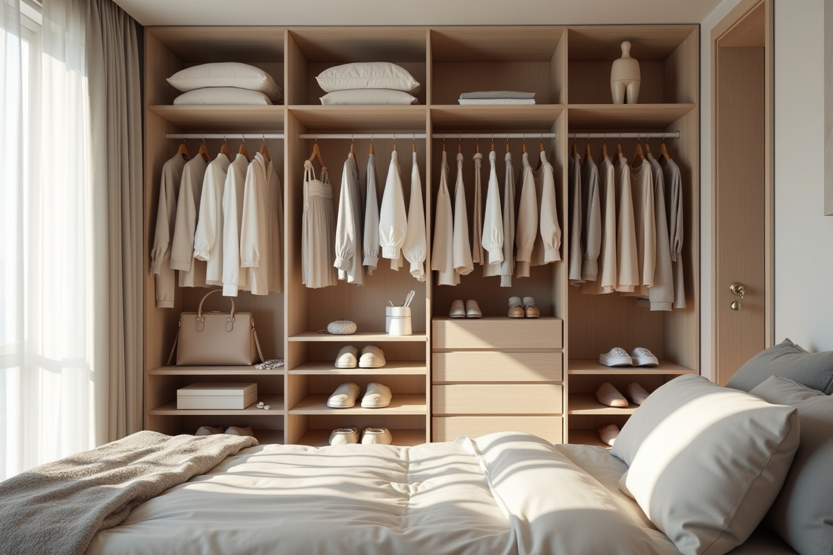 Armoire ouverte dans une chambre moderne avec vêtements neutres et pastel