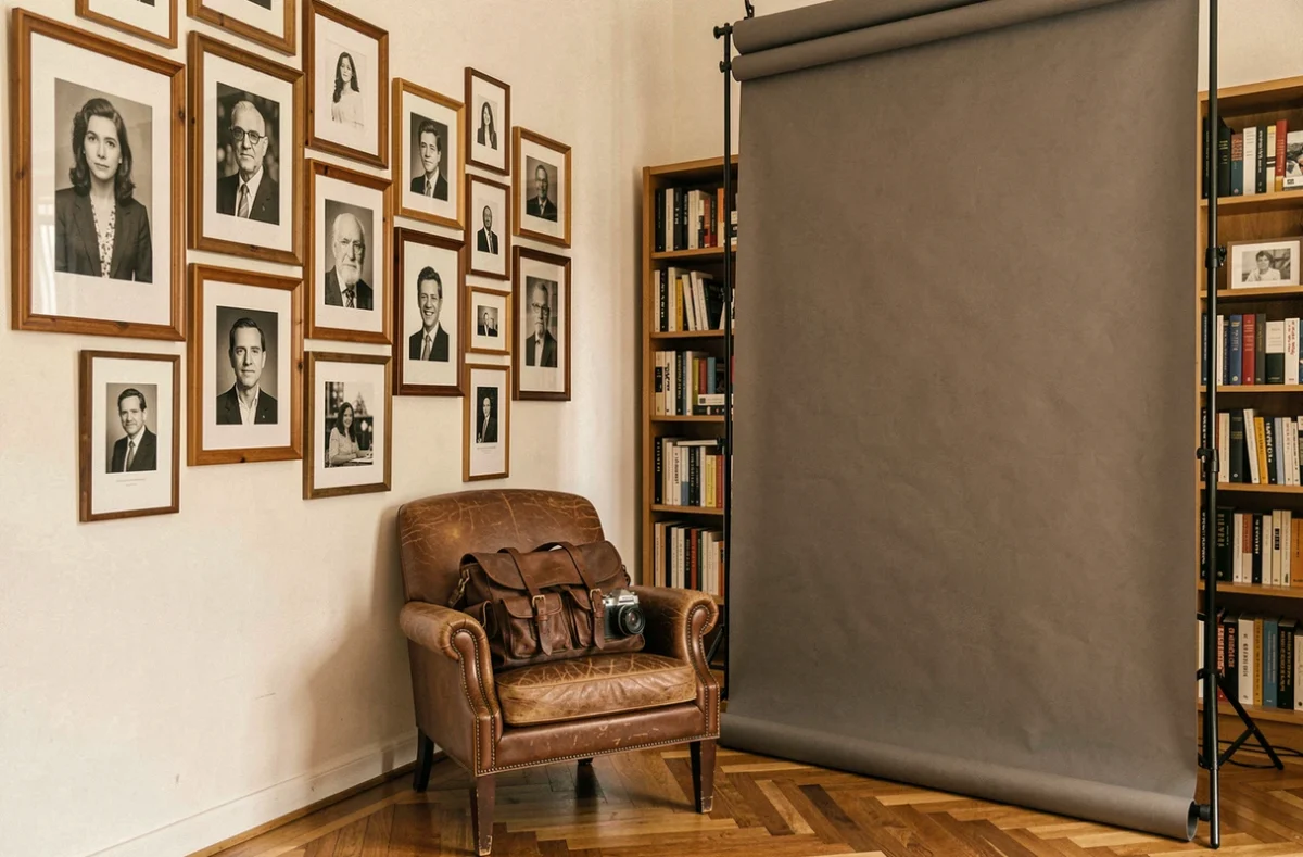 Intérieur chaleureux du studio Arretsurimage2Eme avec des portraits en noir et blanc encadrés sur un mur en bois