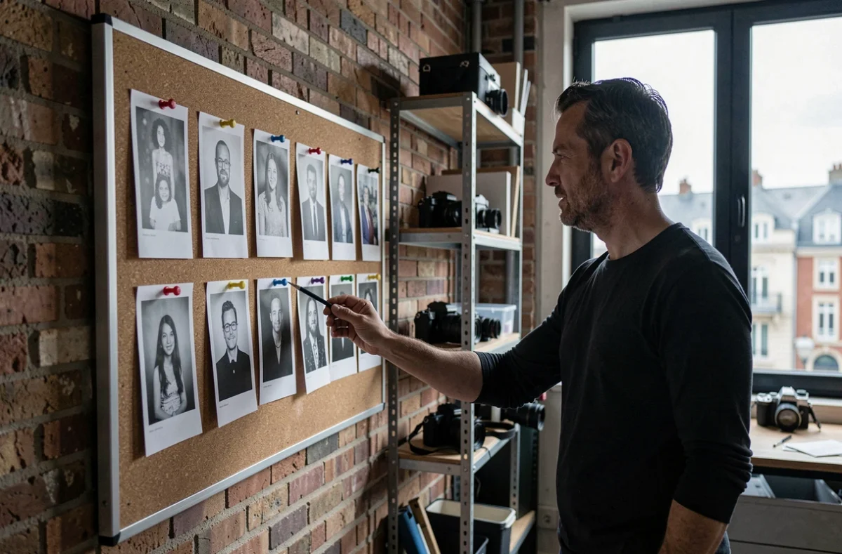 Photographe d'Art Photo Nantes examinant des portraits imprimés dans un studio aux murs en briques avec vue sur la ville