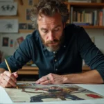 Artiste de bande dessinée Marvel travaillant sur les arcs narratifs de Barton dans son atelier créatif