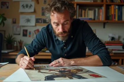 Artiste de bande dessinée Marvel travaillant sur les arcs narratifs de Barton dans son atelier créatif
