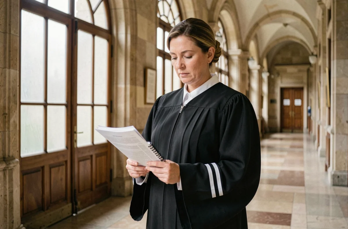 Avocate en robe noire consultant ses dossiers dans le couloir d'un palais de justice, préparant une plaidoirie pour obtenir un sursis dans une affaire de vol
