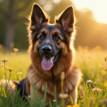 Chien berger allemand à poil long dans un pré ensoleillé