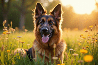 Chien berger allemand à poil long dans un pré ensoleillé