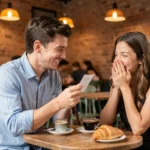 Jeune homme souriant qui partage une blague nulle à une femme amusée dans un café