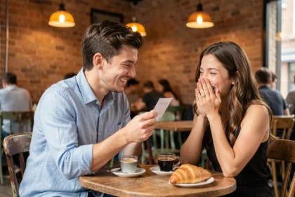 Jeune homme souriant qui partage une blague nulle à une femme amusée dans un café
