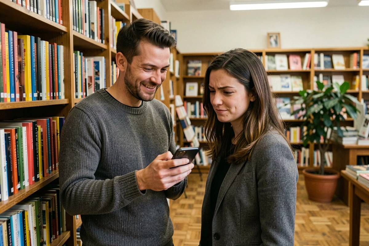 Homme montrant une blague de drague sur son téléphone à une femme sceptique dans une librairie