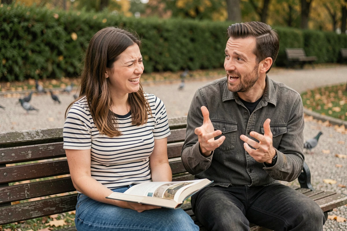 Couple sur un banc de parc réagissant à une blague de drague nulle avec rires et grimaces