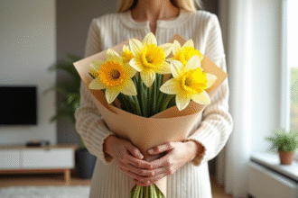 Bouquet de narcisses tenu dans les mains dans un salon lumineux