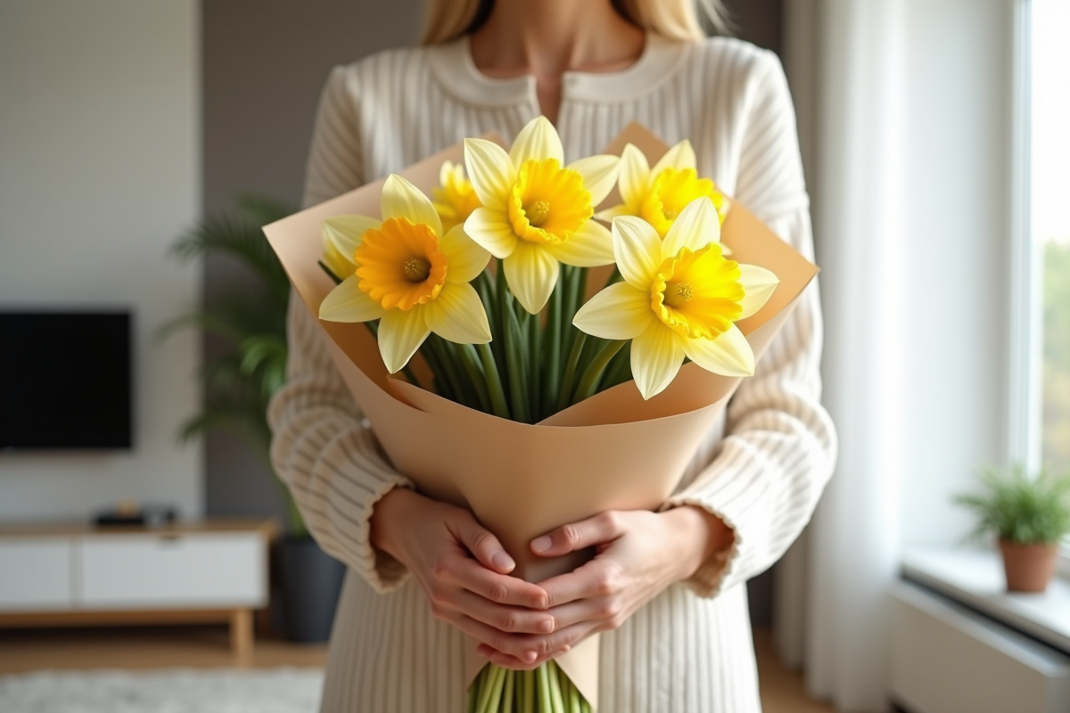 Bouquet de narcisses tenu dans les mains dans un salon lumineux