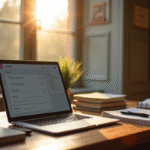 Bureau académique organisé à Versailles avec ordinateur et documents