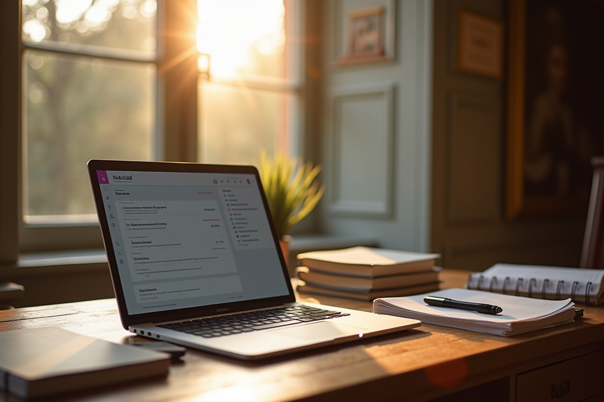Bureau académique organisé à Versailles avec ordinateur et documents