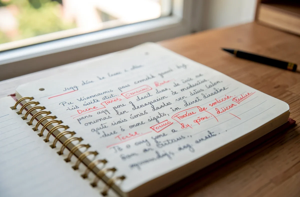 Cahier de correction manuscrit annoté au stylo rouge
