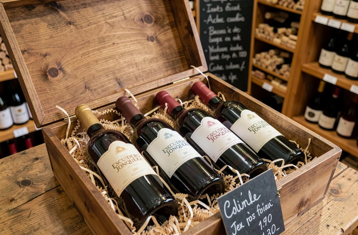 Caisse en bois ouverte de vin Escudero Jonquera avec étiquette de prix dans une cave à vins française