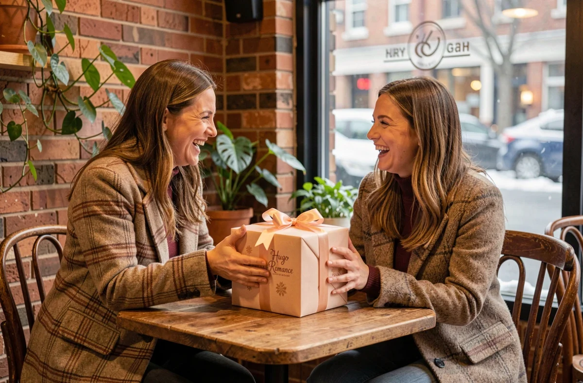 Deux amies échangeant un calendrier de l'avent Hugo New Romance dans un café cosy lors d'une scène cadeau authentique