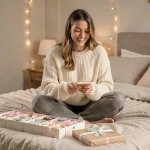 Jeune femme découvrant le calendrier de l'avent Hugo New Romance entourée de petits livres et cadeaux sur un lit douillet