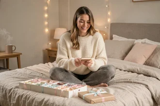 Jeune femme découvrant le calendrier de l'avent Hugo New Romance entourée de petits livres et cadeaux sur un lit douillet