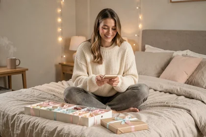Jeune femme découvrant le calendrier de l'avent Hugo New Romance entourée de petits livres et cadeaux sur un lit douillet