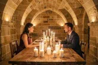 Dîner romantique aux chandelles dans une cave en pierre à Lyon pour une soirée d'exception en 2026